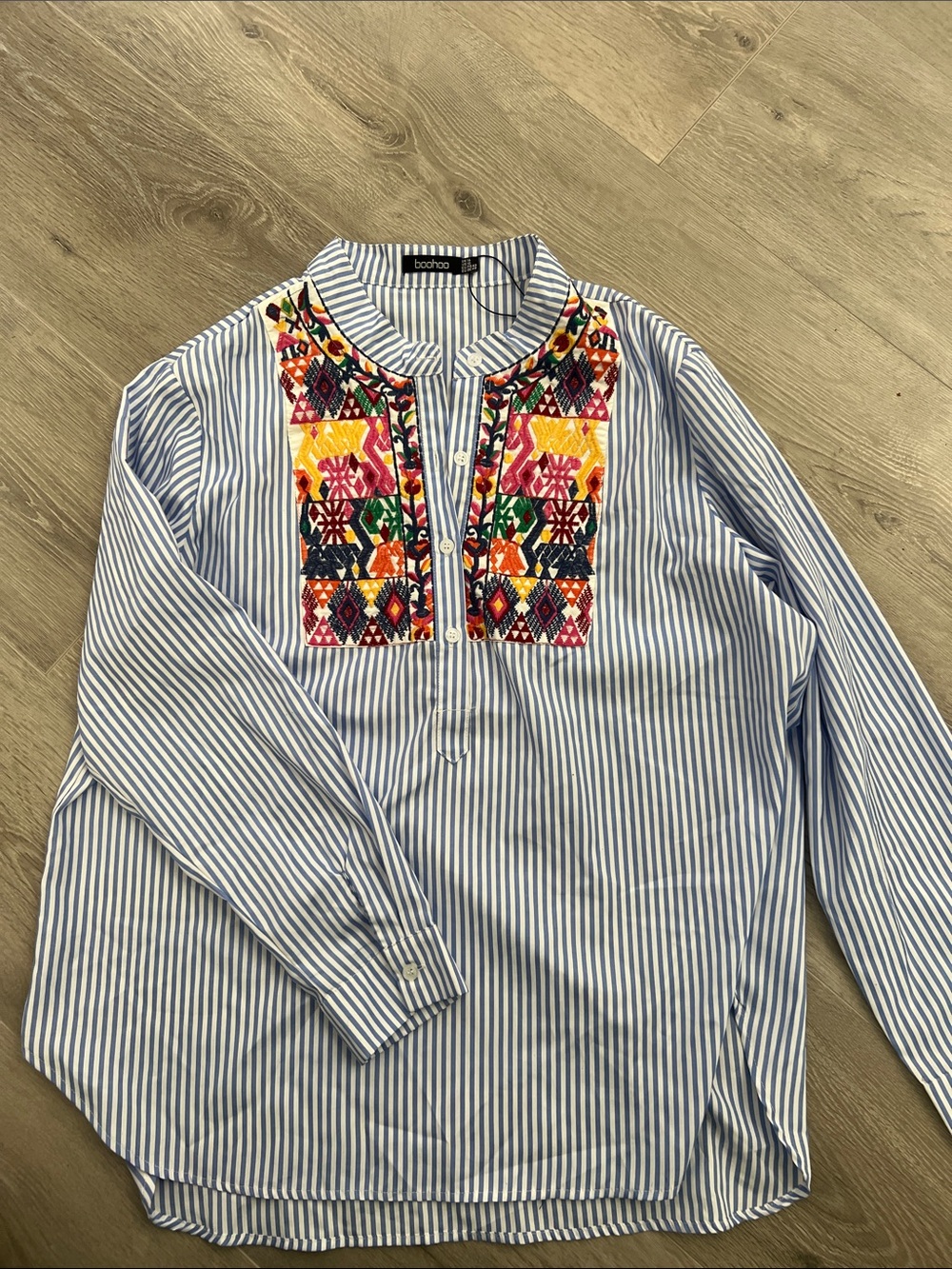Never worn Boohoo Blue & White Stripe Shirt with Multicolor Embroidered Yoke